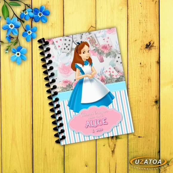 Lembrancinha Caderninho Alice no País das Maravilhas com Capa e Folhas Personalizadas
