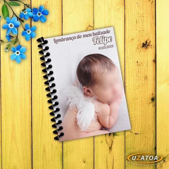 Lembrancinha Caderninho Batizado com Capa e Folhas Personalizadas