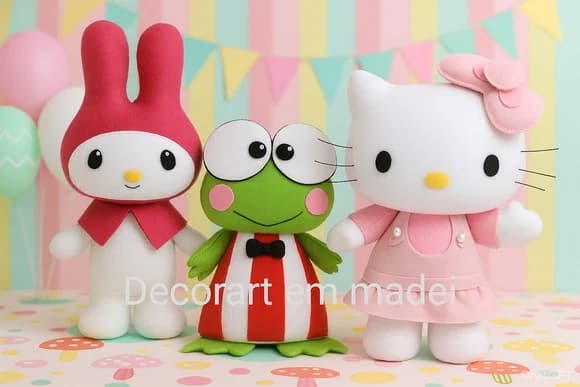 Hello Kitty, Melody e Keroppi Bonecas Decorativas em Feltro