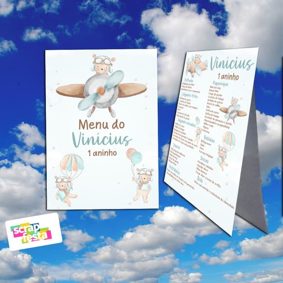Menu Cardápio Cavalete Festa Urso Aviador Aquarela
