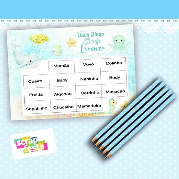 Kit Bingo+lápis Festa Chá Bebê Menino Fundo do Mar Aquarela