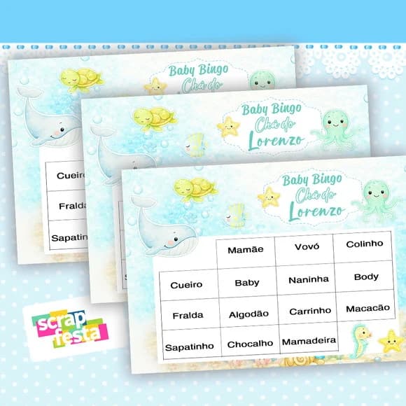 Bingo Festa Chá de Bebê Menino Fundo do Mar Aquarela