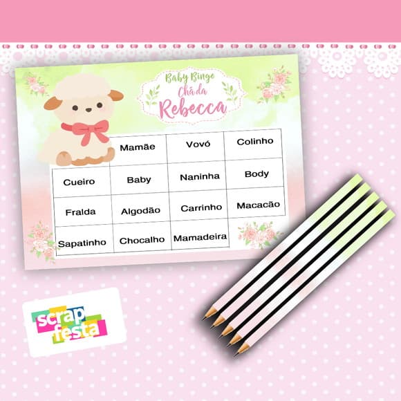Kit Bingo + Lápis Festa Chá de Bebê Menina Ovelhinha