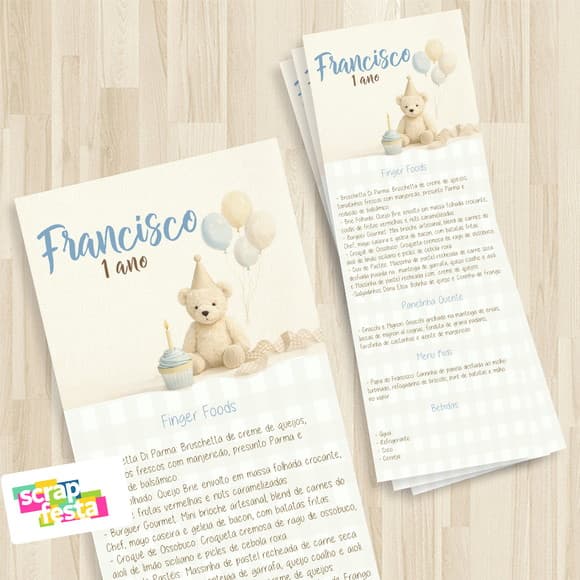 Menu Cardápio Personalizado Festa Ursinho Aquarela
