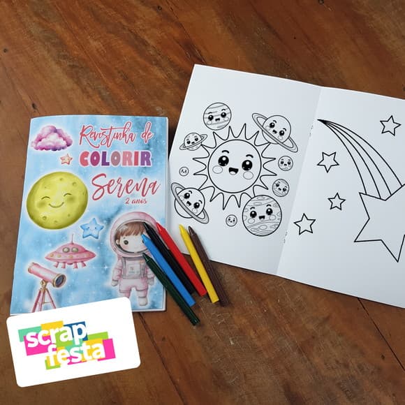 Revista Colorir + Giz Cera Festa Espaço, Astronauta Aquarela