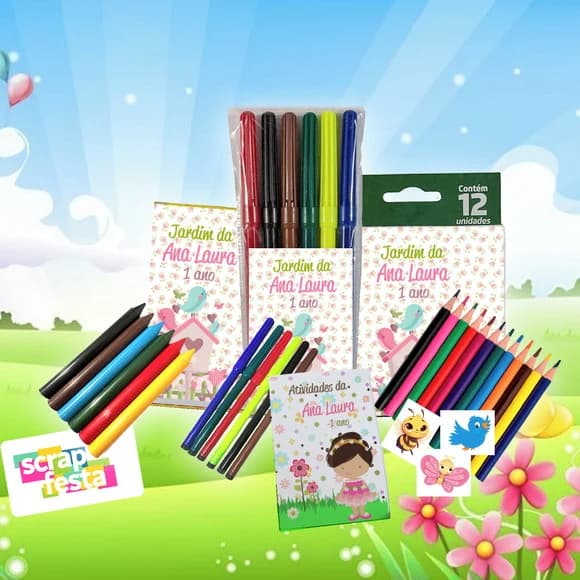 Kit Colorir+figurinha Giz Cera+canetinha+lápis de Cor Jardim