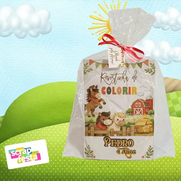 Revista Colorir+saquinho+fitinha+tag Fazendinha