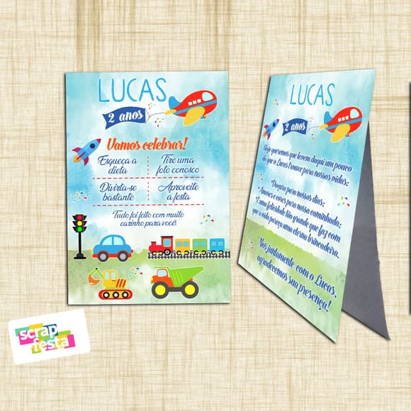 Plaquinha de Agradecimento Festa Meios de Transporte