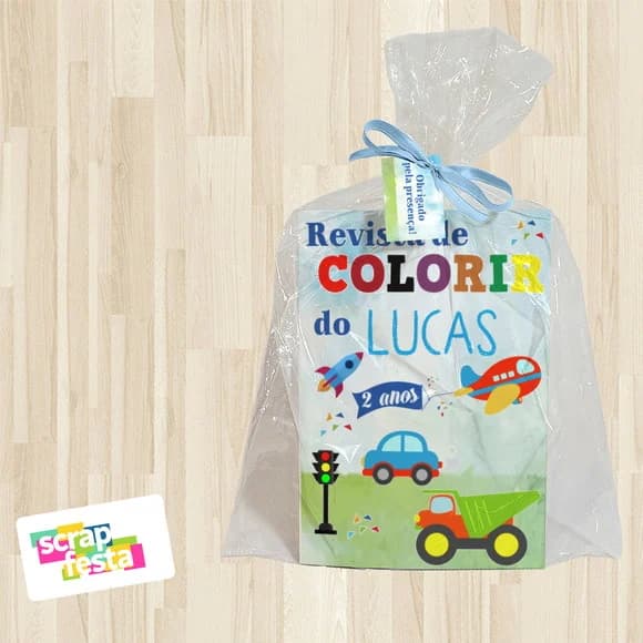 Revista Colorir+saquinho+fitinha+tag Meios de Transporte