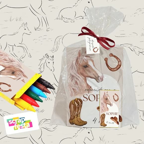 Revista Colorir+embalagem+giz Cera Festa Cavalos
