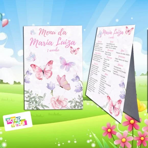 Menu Cardápio Cavalete Jardim Encantado Aquarela Borboletas