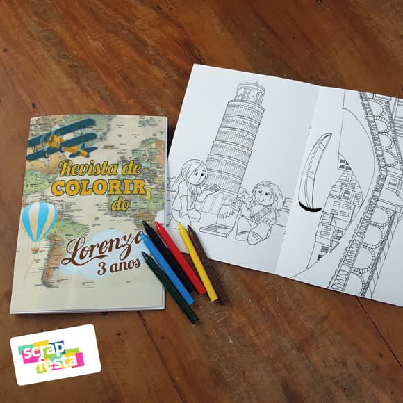 Revista Colorir + Giz de Cera Festa Passaporte Viagem