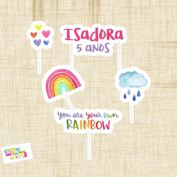 Topo de Bolo Personalizado Chuva Amor Arco Íris Aquarela