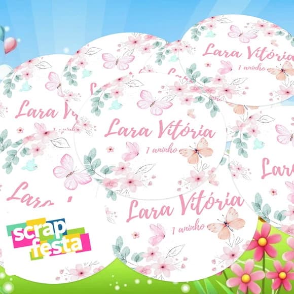 Adesivo 5cm Redondo Personalizado Jardim Encantado Borboleta