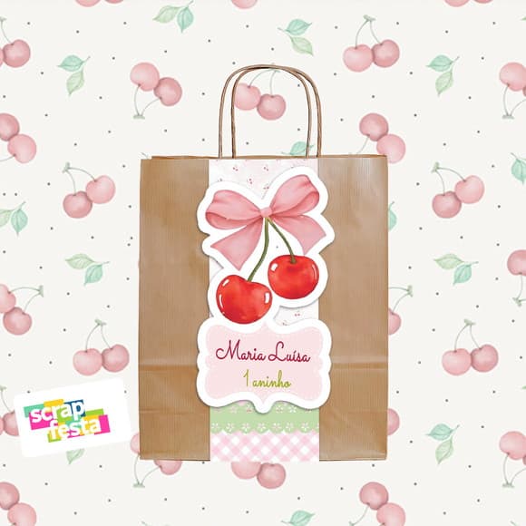 Sacolinha Papel Personalizada Festa Cerejinha Aquarela
