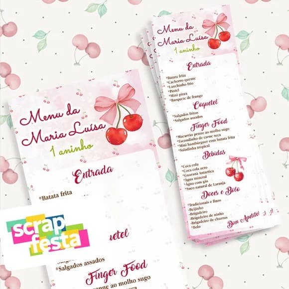 Menu Cardápio Personalizado Festa Cerejinha Aquarela
