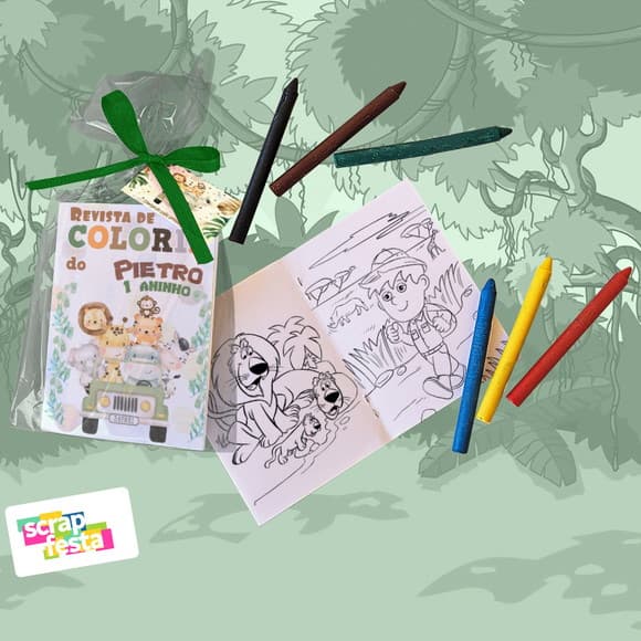 Mini Revista Colorir Giz Cera, Saquinho, Tag, Fitinha Safari