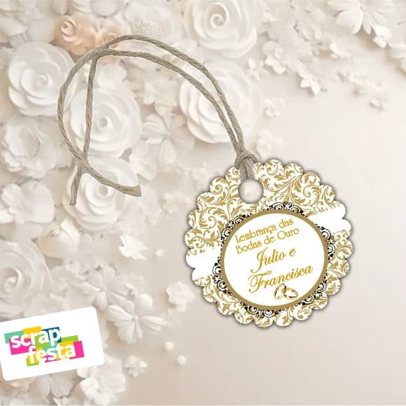 Tag Redonda + Fio de Rami Juta Casamento Bodas de Ouro