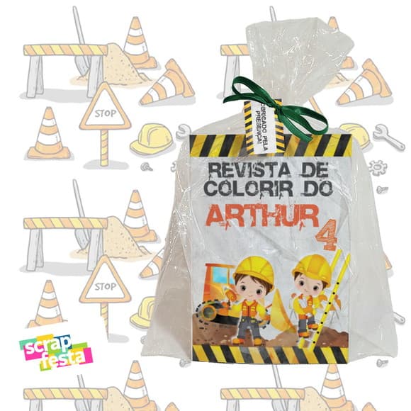 Revista Colorir+saquinho+fitinha+tag Festa Construção
