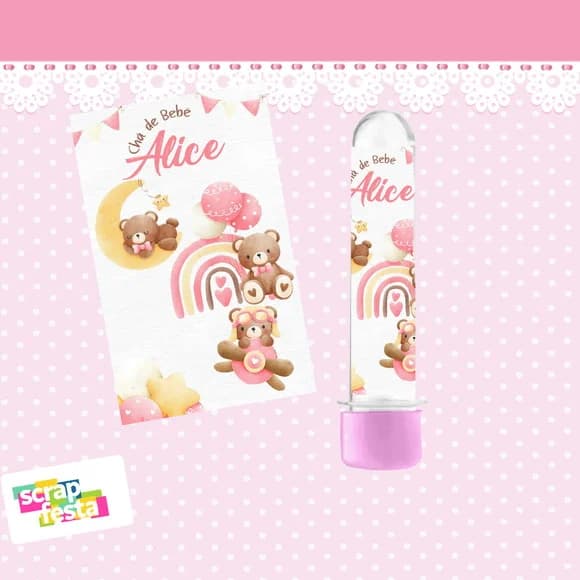 Tubete 13 cm Personalizado Festa Chá de Bebê Menina Ursinha