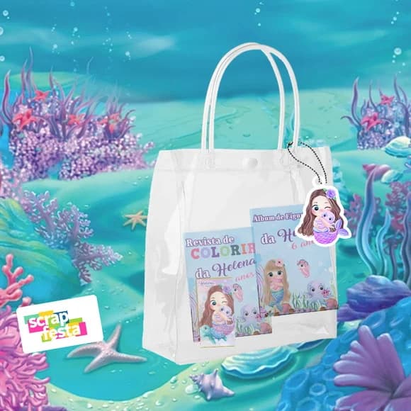 Sacola Pvc Kit Colorir, Álbum Figurinha Sereia Corrente Tag