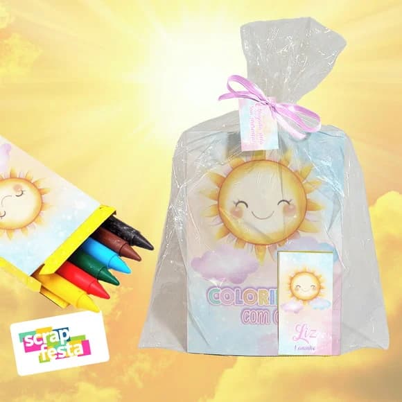 Revista Colorir+embalagem+giz Cera Primeira Volta ao Sol
