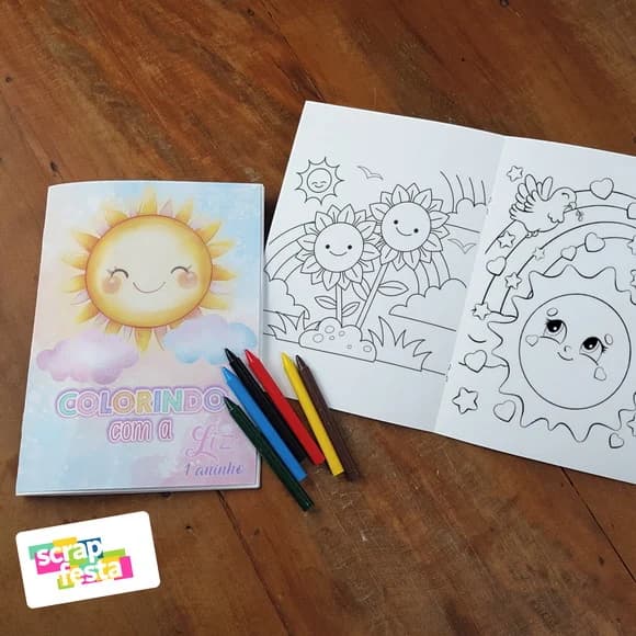 Revista Colorir + Giz de Cera Festa Primeira Volta ao Sol