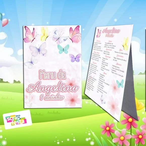 Menu Cardápio Cavalete Jardim Encantado Aquarela Borboletas