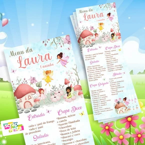 Menu Cardápio Personalizado Festa Jardim das Fadas Aquarela