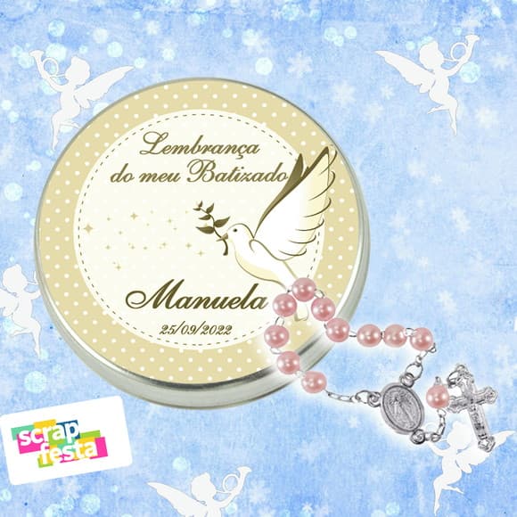 Latinhas Personalizadas Festa Batizado + Mini Terço Rosa