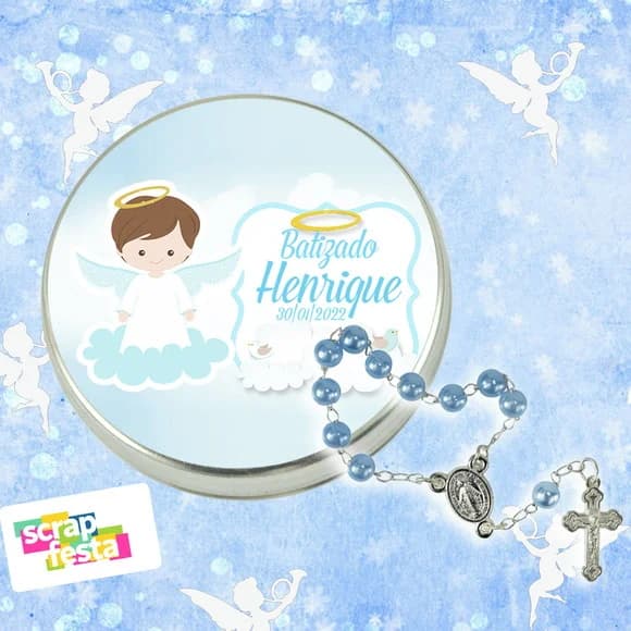 Latinhas Personalizadas Festa Batizado + Mini Terço Azul