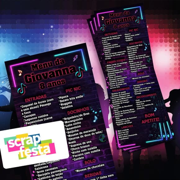 Menu Cardápio Personalizado Festa Balada Neon Music