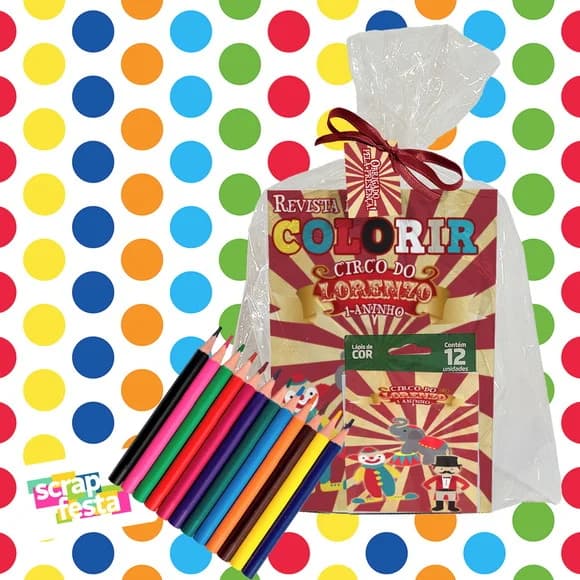 Revista Colorir+embalagem+lápis de Cor Festa Circo Vintage