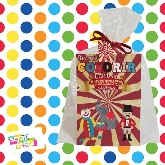 Revista Colorir+saquinho+fitinha+tag Festa Circo Vintage