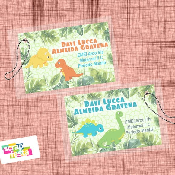Cartão Identificação Mochila/lancheira Dinossauro Aquarela