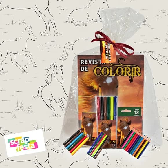 Revista Colorir+embalagem+giz+canetinha+lápis Cavalos