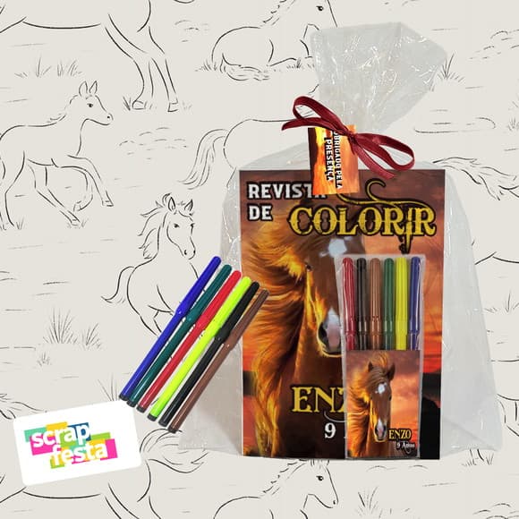 Revista Colorir+embalagem+canetinha Festa Cavalos