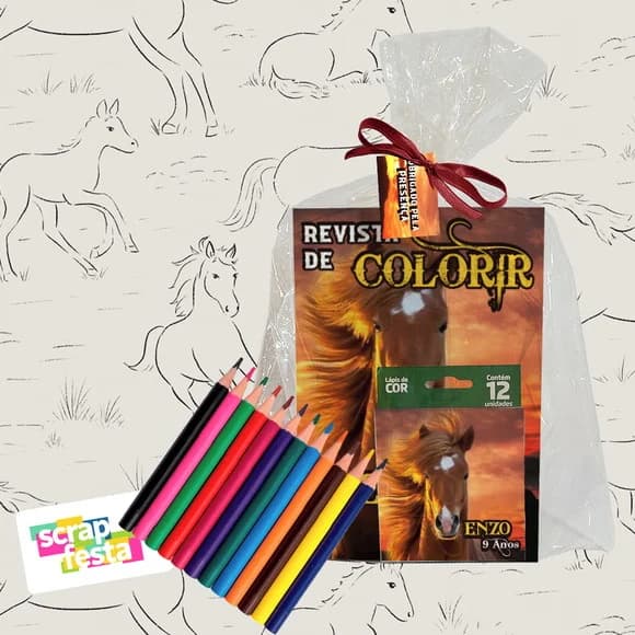 Revista Colorir+embalagem+lápis de Cor Cavalos