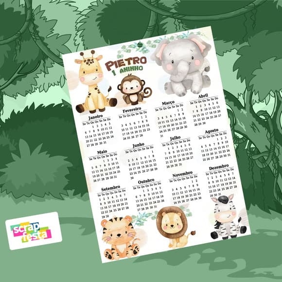Calendário Personalizado Festa Safari Aquarela