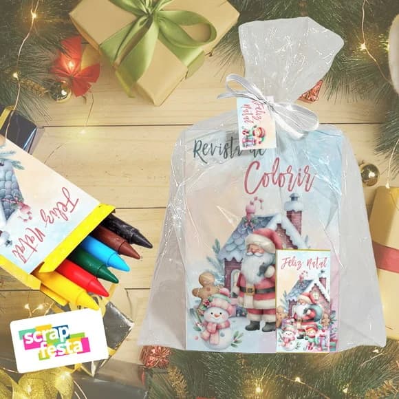 Revista Colorir+embalagem+giz Cera Festa Natal Aquarela