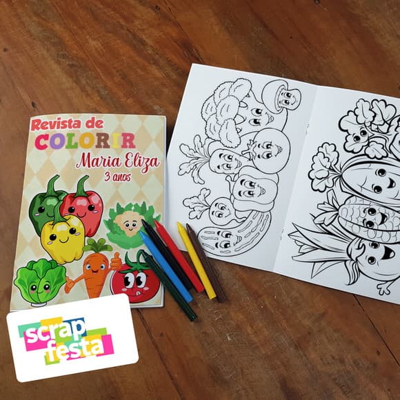 Revista Colorir + Giz Cera Festa Hortifrúti/frutas/quitanda