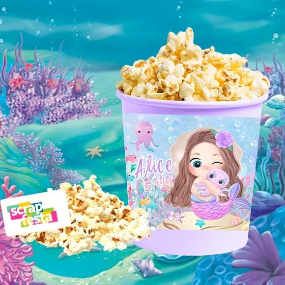 30 Balde Pipoca 1 Litro Personalizado Vinil Festa Sereia