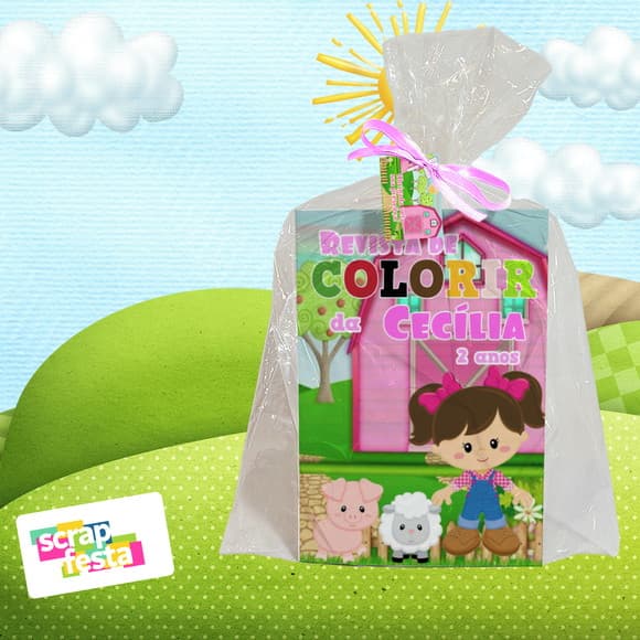 Revista Colorir+saquinho+fitinha+tag Fazendinha
