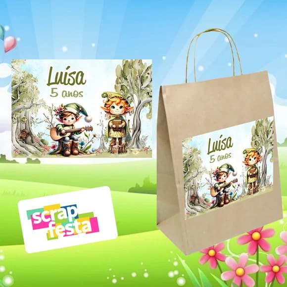 Sacola Papel Pardo Bosque Floresta Encantado Gnomos Aquarela