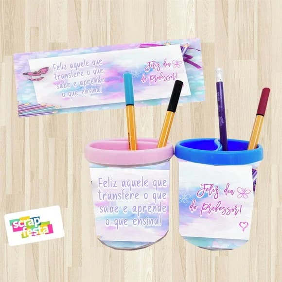 Case Porta Caneta Lápis Acrílico Dia do Professor Aquarela