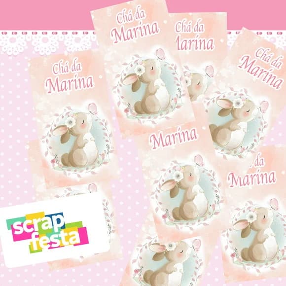 Adesivo Personalizado Retangular 4x7 Chá de Menina Coelha
