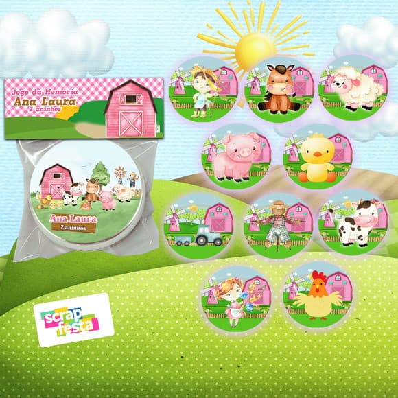 Latinha+jogo da Memória, Saquinho, Lapela Festa Fazendinha