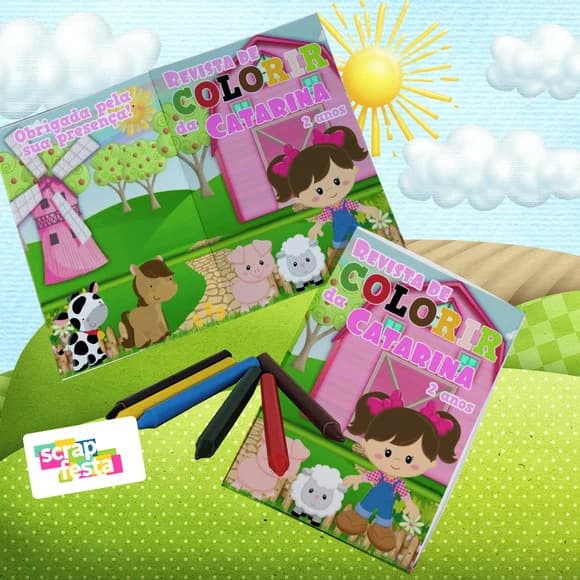 Mini Revistinha Colorir + Giz de Cera Festa Fazendinha