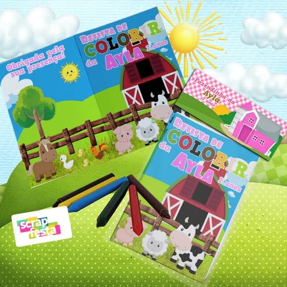 Mini Revista Colorir Giz Cera, Saquinho, Lapela Fazendinha