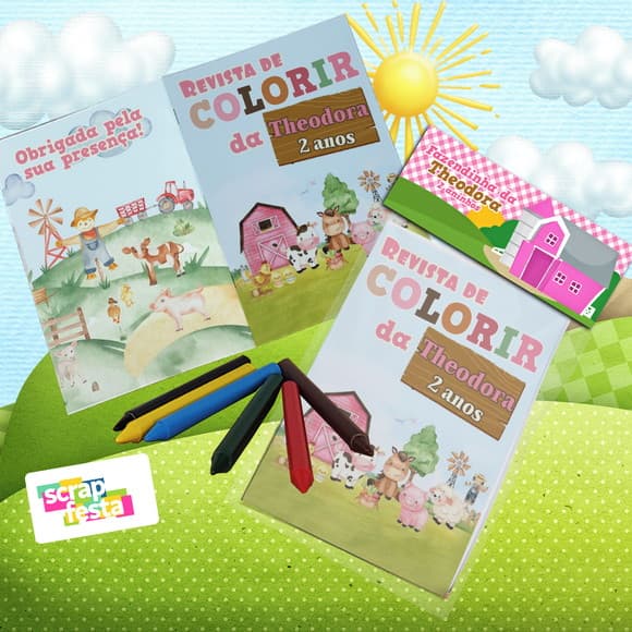 Mini Revista Colorir Giz Cera, Saquinho, Lapela Fazendinha